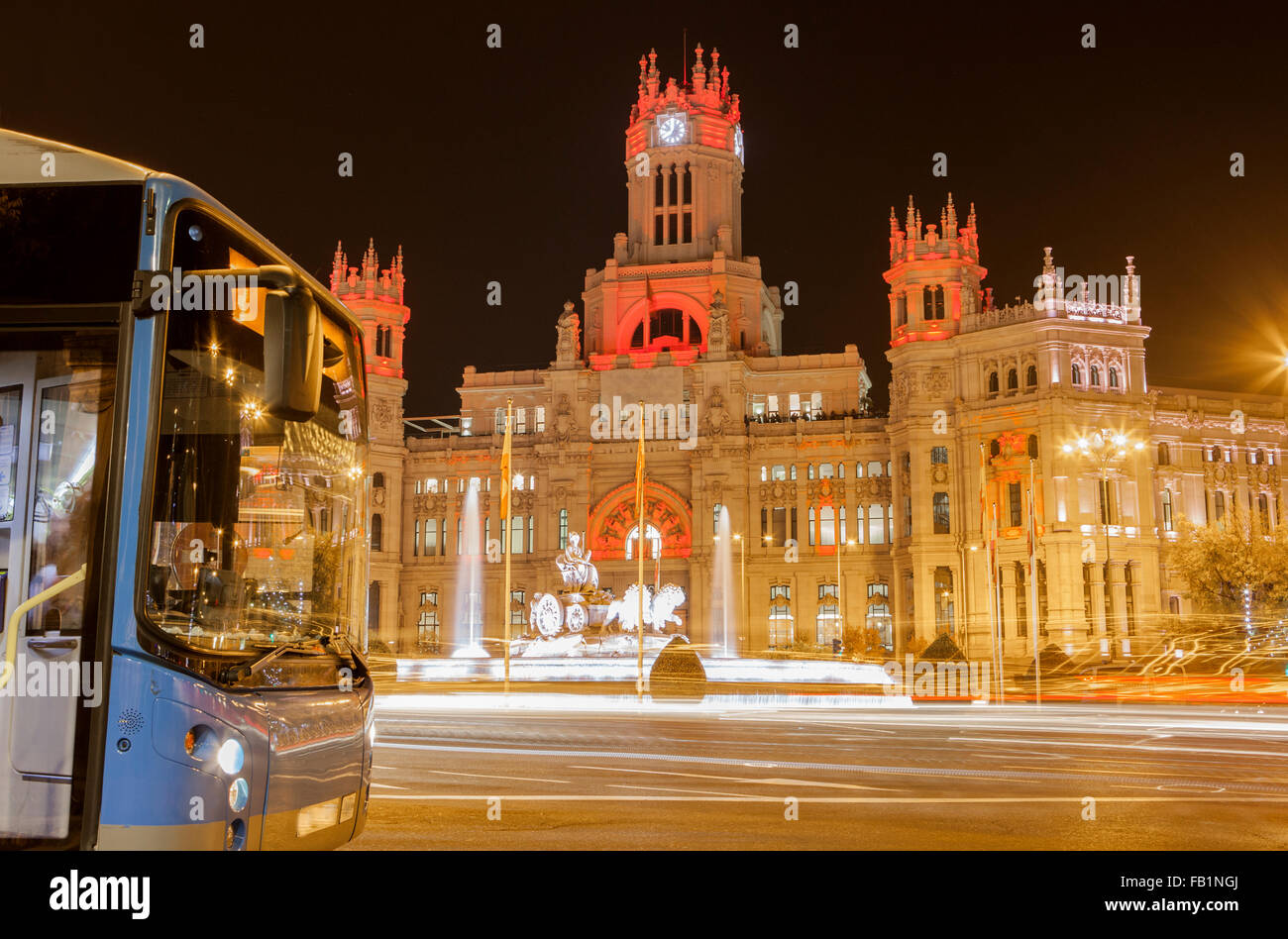 Urban bus crossing Madrid  Cibeles Square, Spain Stock Photo