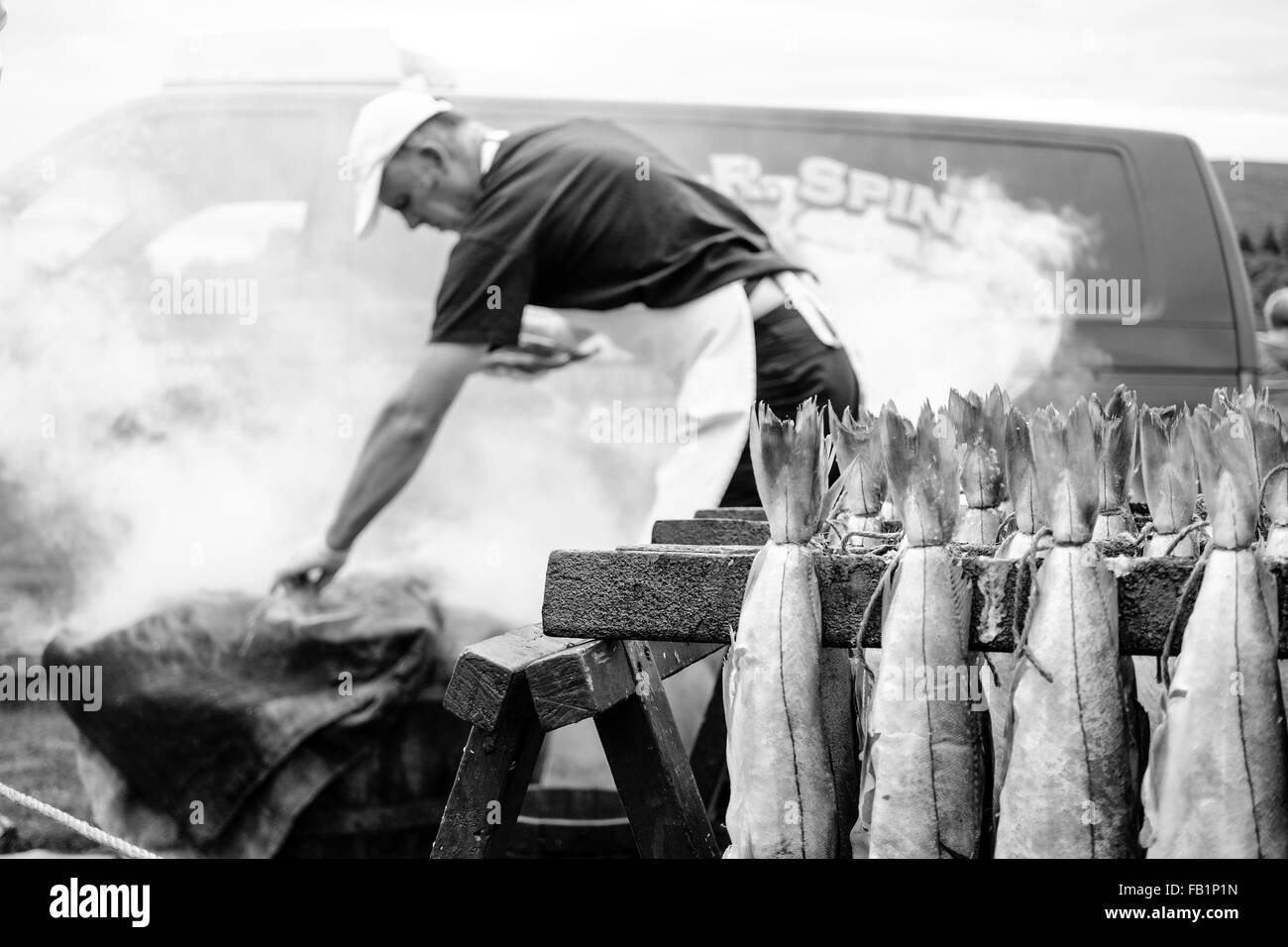 Ian R. Spink cooking Arbroath Smokies at the Moy Highland Games in Scotland. Stock Photo