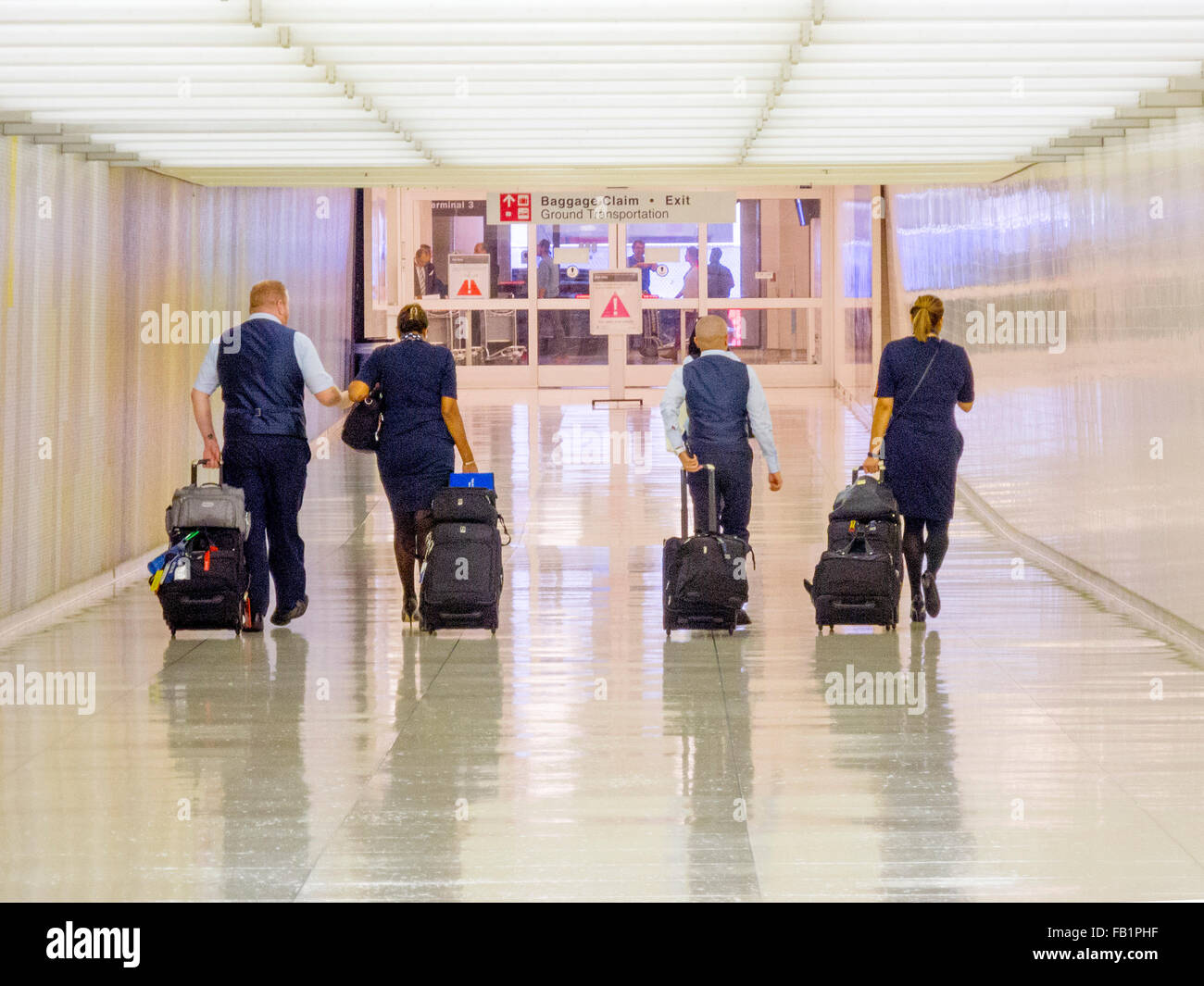 Carrying their luggage on rolling carts, a uniformed aircrew heads for