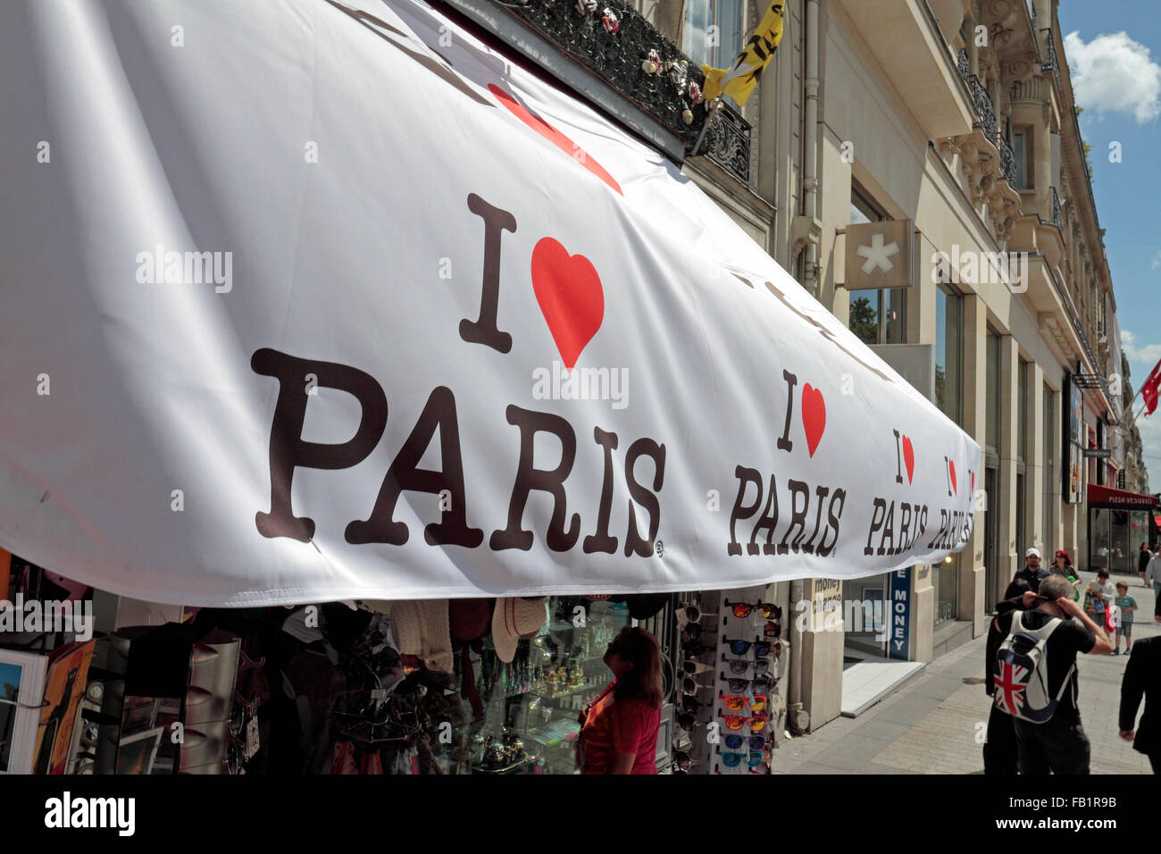 An 'I love Paris' banner on a shop front on the Champ Elysees in Paris, France. Stock Photo