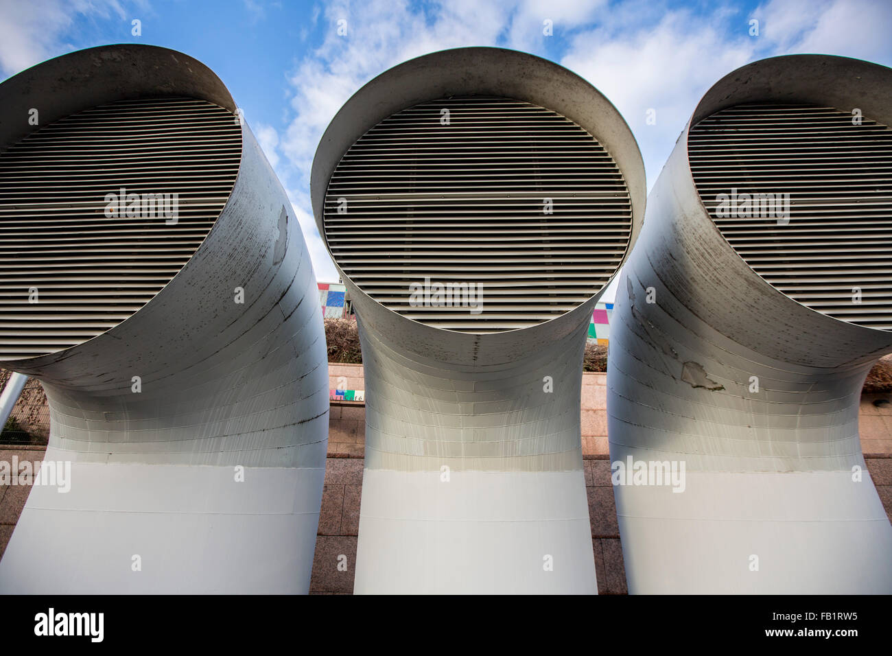 Huge ventilation pipes of an underground car park Stock Photo