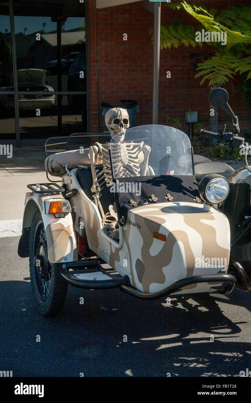 A skeleton rides in a motorcycle sidecar on Halloween in a San Clemente
