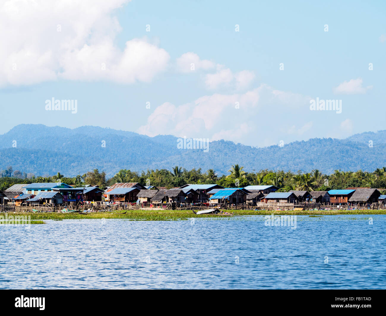 A local lake-side village at Indawgyi Lake, Kachin State, Myanmar. Stock Photo