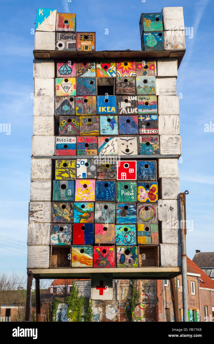 Piece of art, sculpture, made of wooden, painted bird boxes, Doel, Belgium, Stock Photo