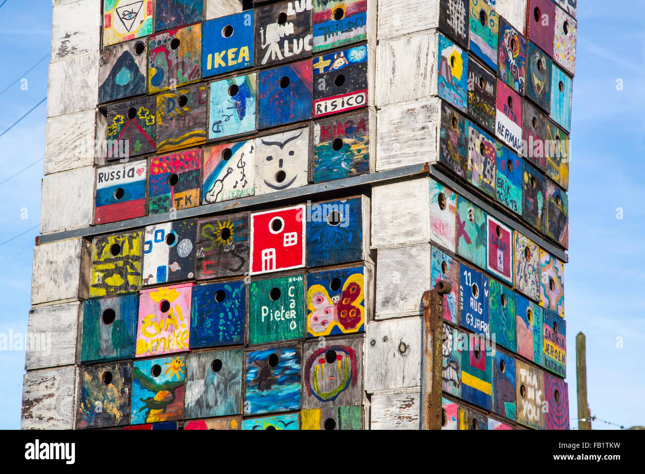 Piece of art, sculpture, made of wooden, painted bird boxes, Doel, Belgium, Stock Photo