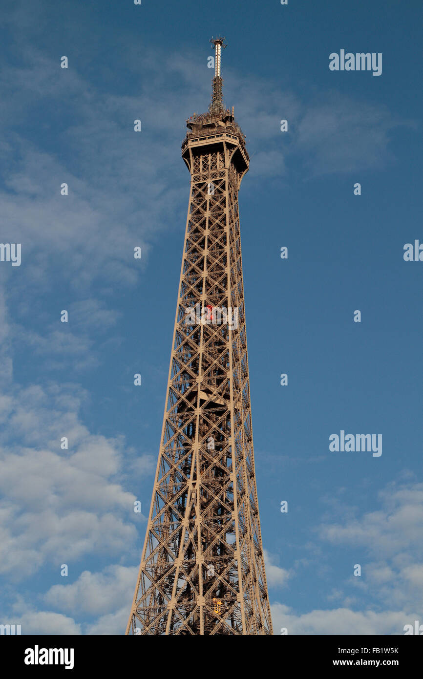 Close up of the top section of the Eiffel Tower, Paris, France. Stock Photo
