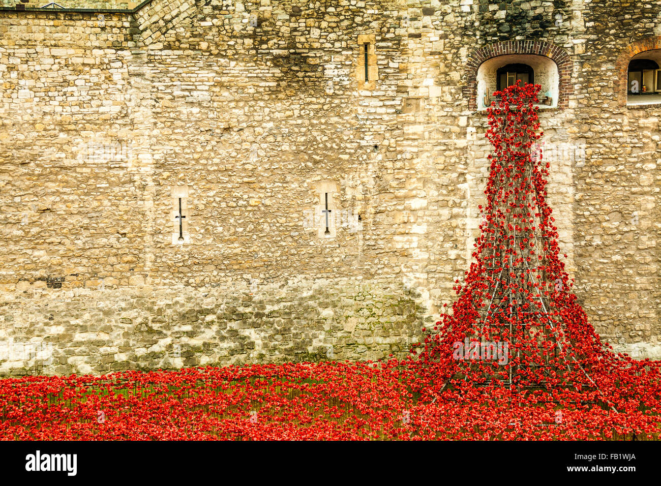 This amazing art installation of over 800000 ceramic poppies at the Tower of London commemorating the 100th anniversary of WW1 Stock Photo