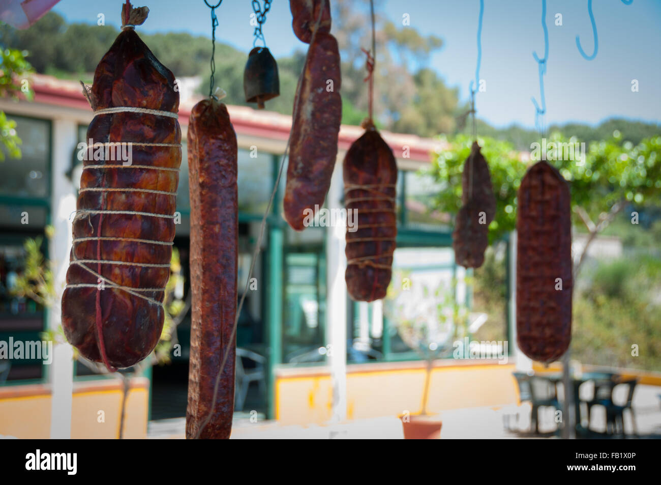 Big italian salami sausage hanging on string Stock Photo - Alamy