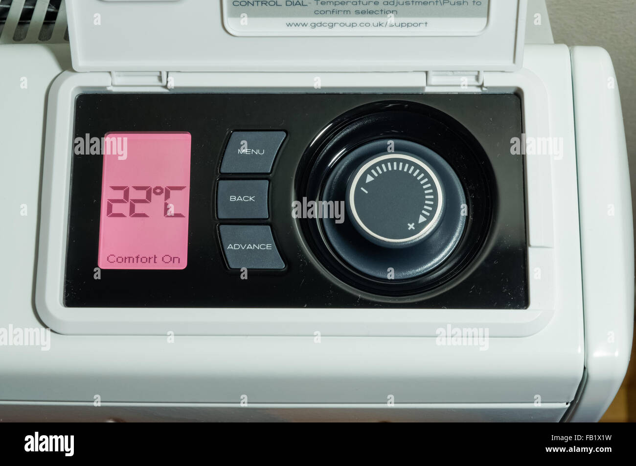 LCD display and temperature control panel on electric storage heater