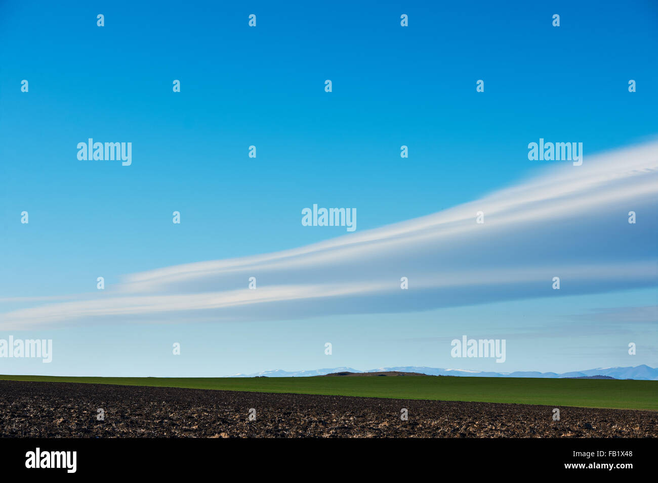 Winter lanscape with blue sky, ploughed land and beautiful clouds Stock Photo