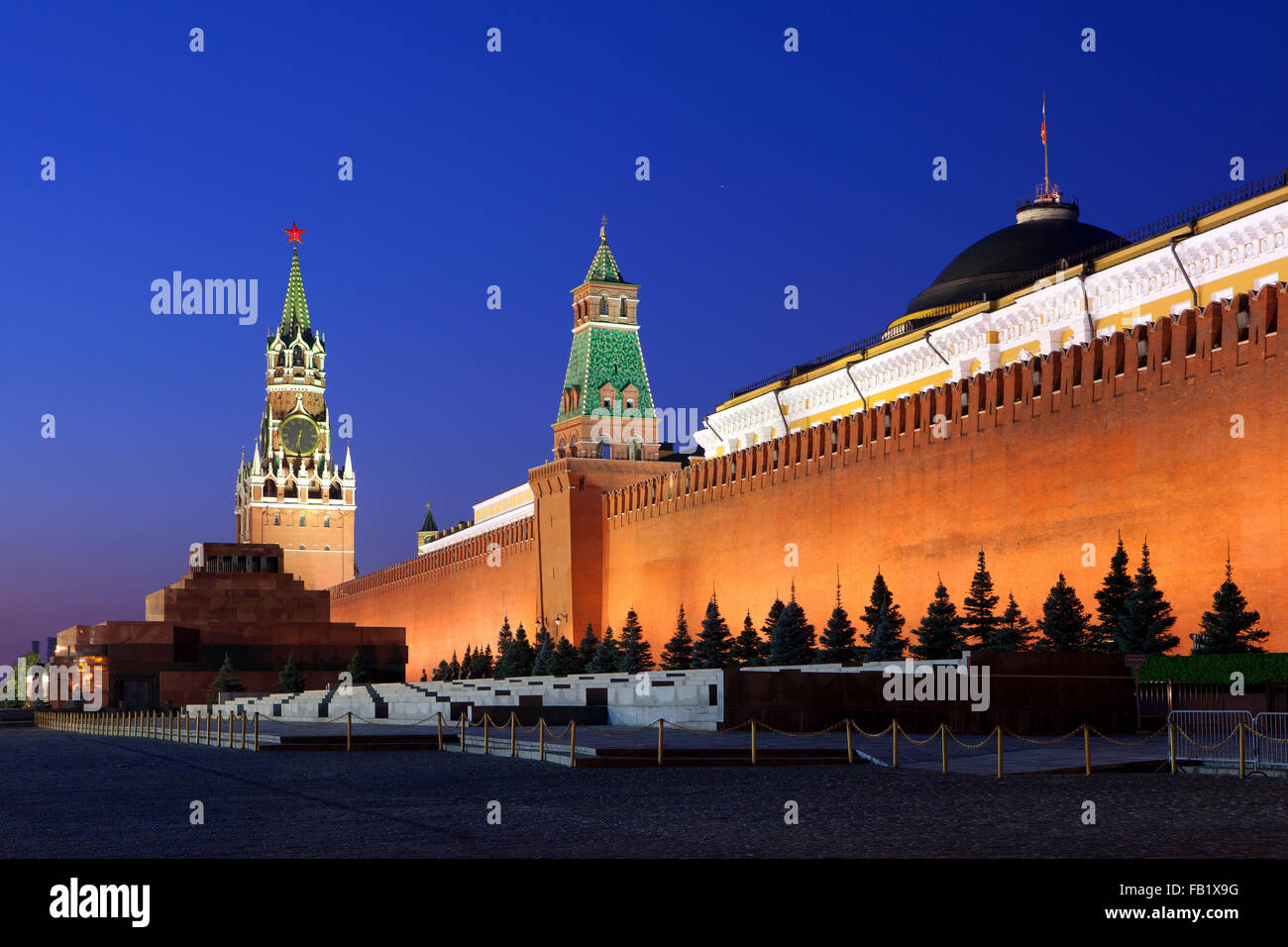 The Savior's Tower, Senate, Kremlin Wall Necropolis and Lenin's Mausoleum at dawn in Moscow, Russia Stock Photo