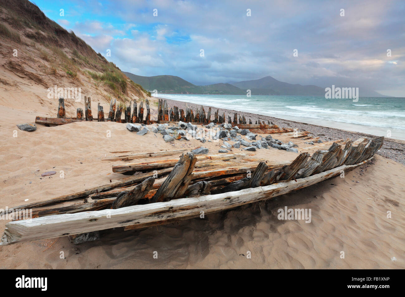 boat wreck at the Rossbeigh beach near Glenbeigh, County Kerry, Ring of Kerry Stock Photo