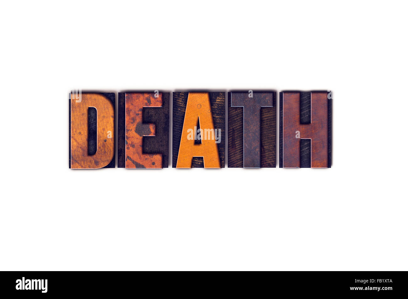 The word 'Death' written in isolated vintage wooden letterpress type on a white background. Stock Photo