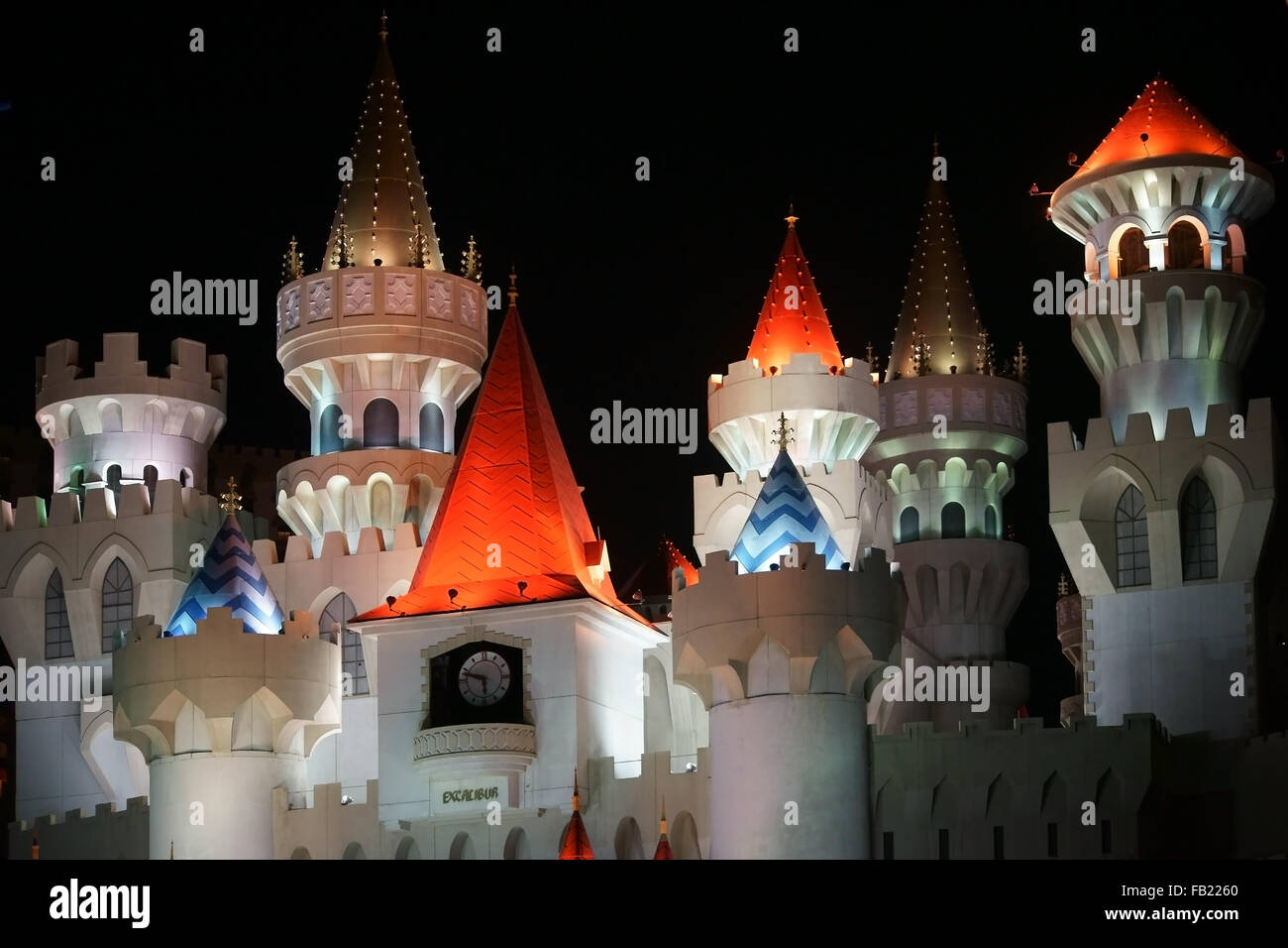 Towers of Excalibur at night Stock Photo