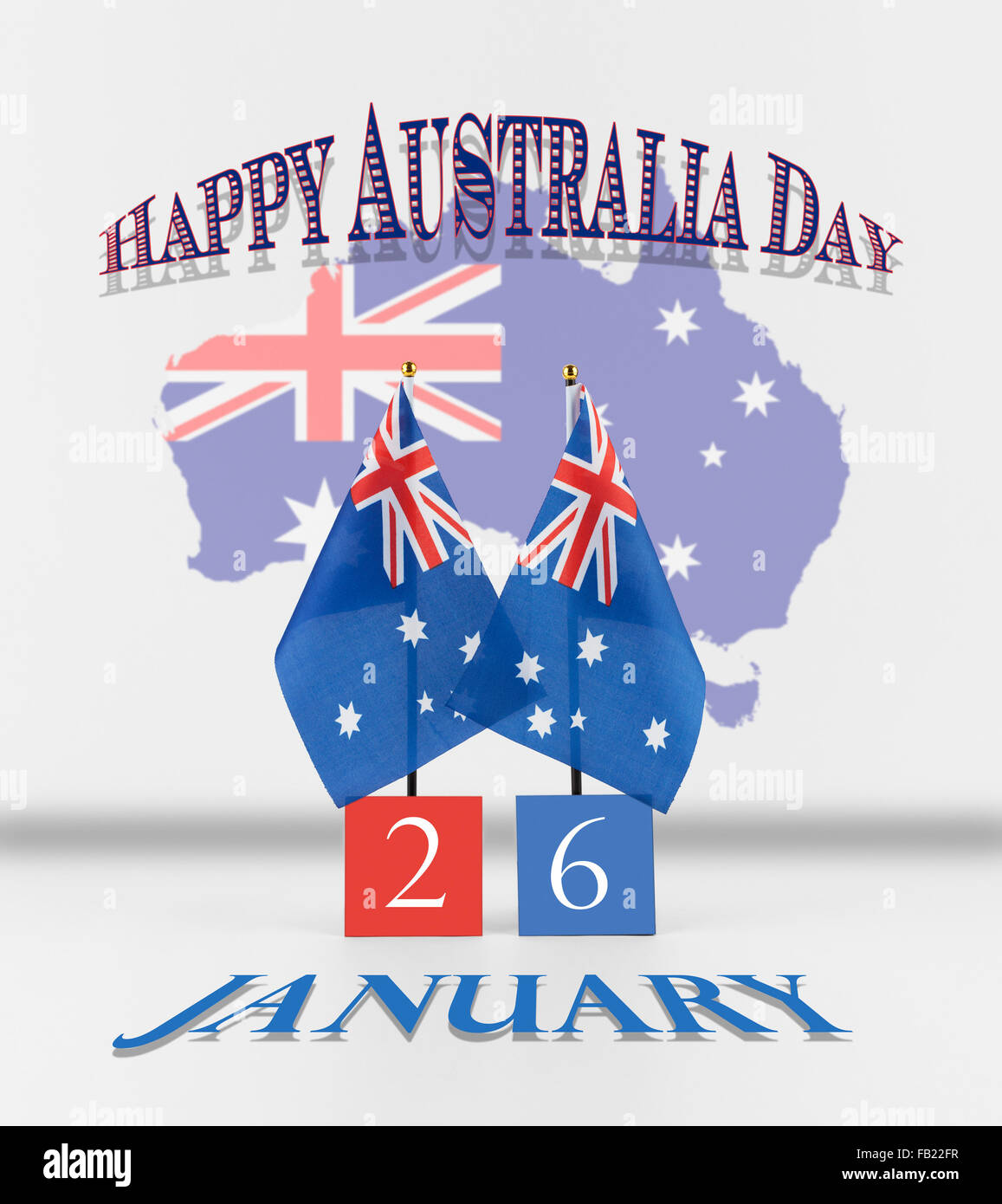 Forbedring Ynkelig ekspertise Australia Day greetings. Two Australian table flags with date and map of  Australia. Australian National symbols isolated on whit Stock Photo - Alamy