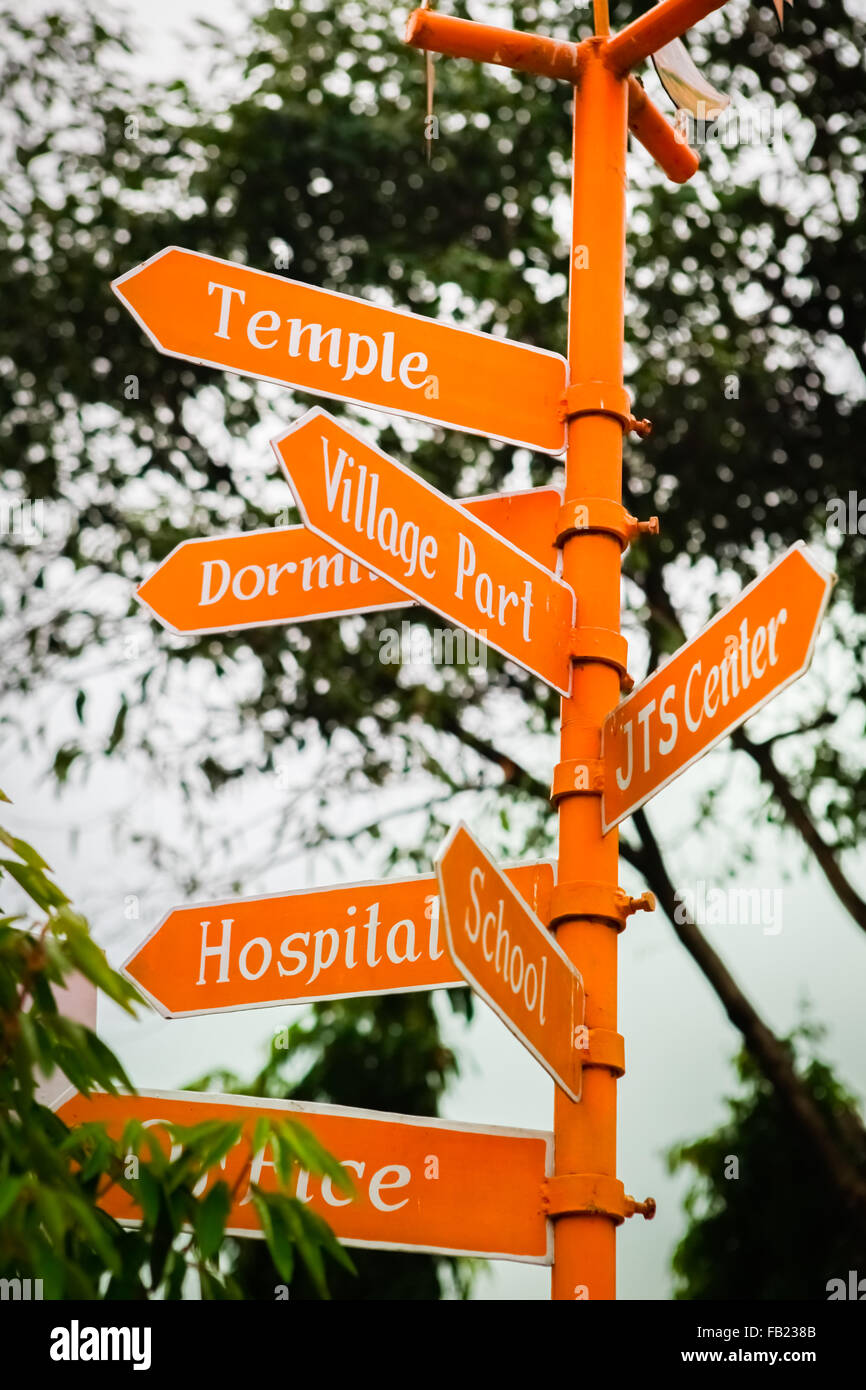 Directional sign boards at Sujata Academy complex, a free school and dormitory complex for rural children in Dungeshwari, Bihar, India. Stock Photo