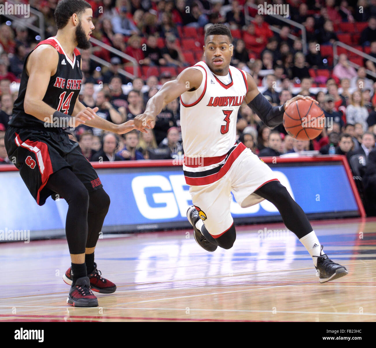 Louisville Cardinals guard Trey Lewis (3) dribbles the ball up the court  during the NCAA basketball game between Louisville and Clemson on Sunday,  January 10, 2016 at Bon Secours Arena in Greenville