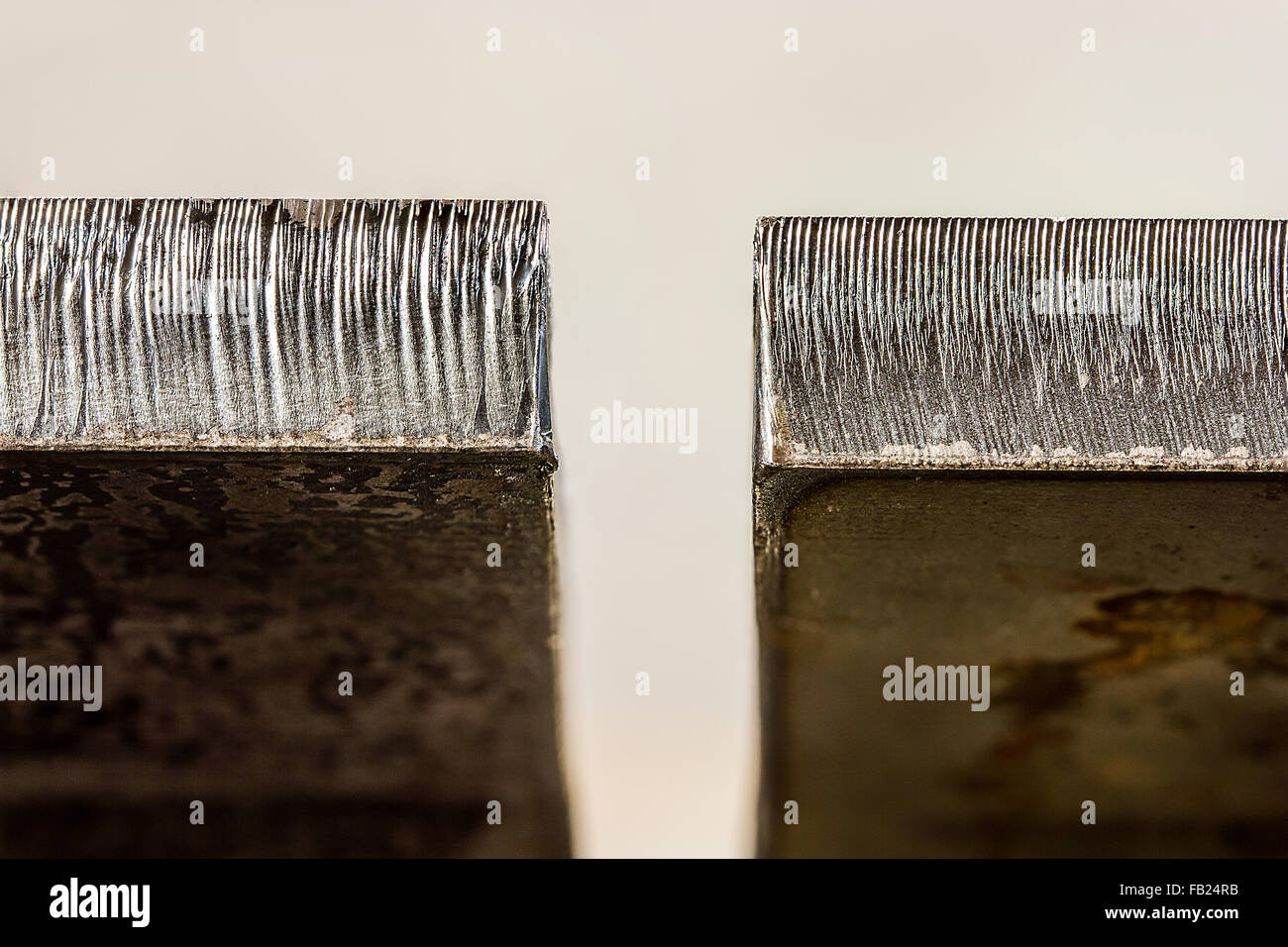 Macro photograph of Laser cut edge difference between half inch thick