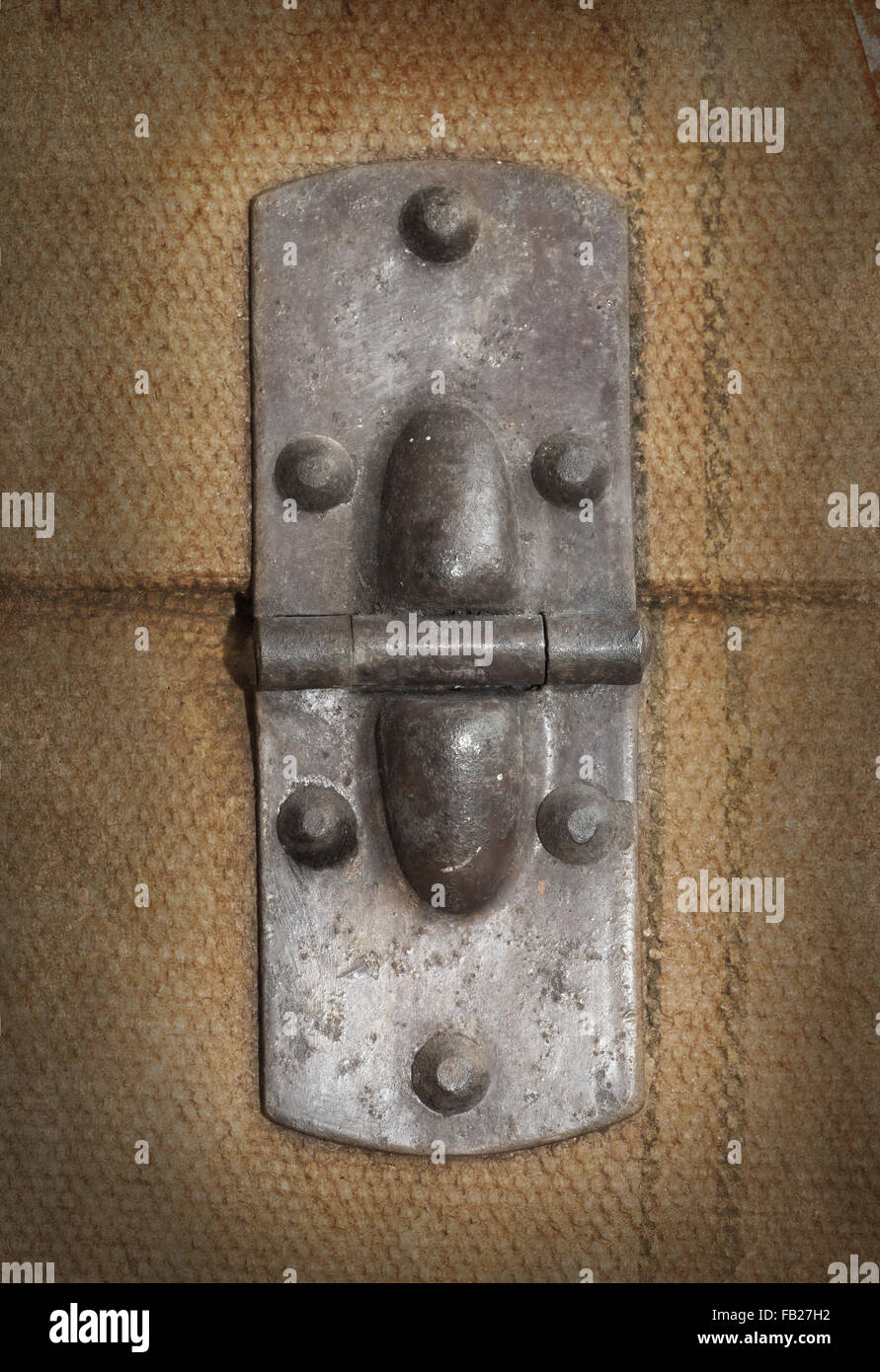 Old canvas trunk hinge close up, vintage Stock Photo