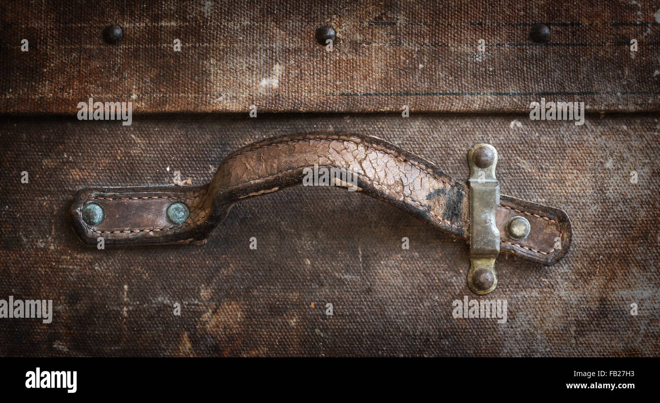 Old canvas trunk handle close up, vintage Stock Photo