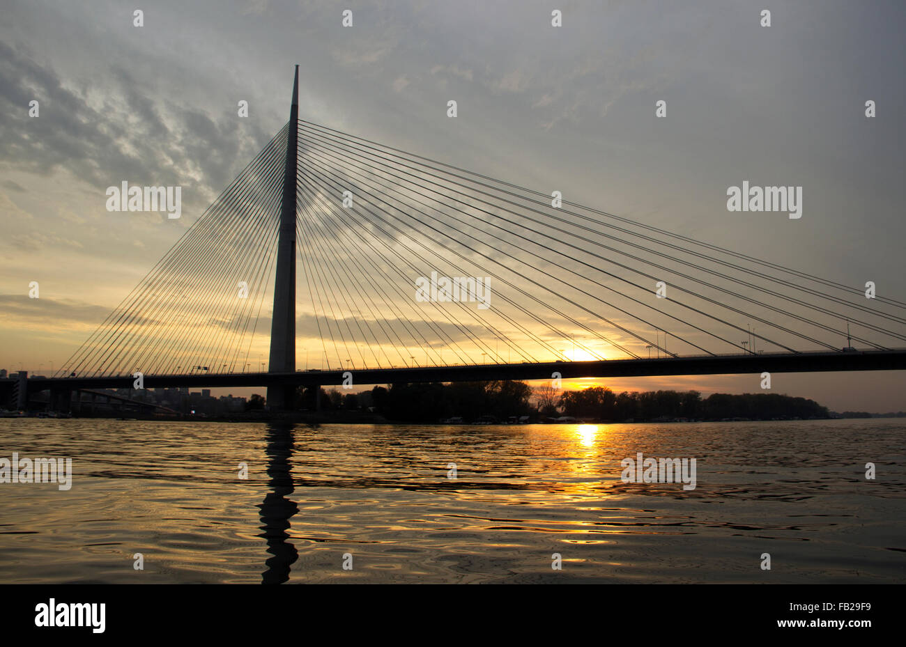 Belgrade, Serbia - Cable bridge over the Sava river at late afternoon Stock Photo