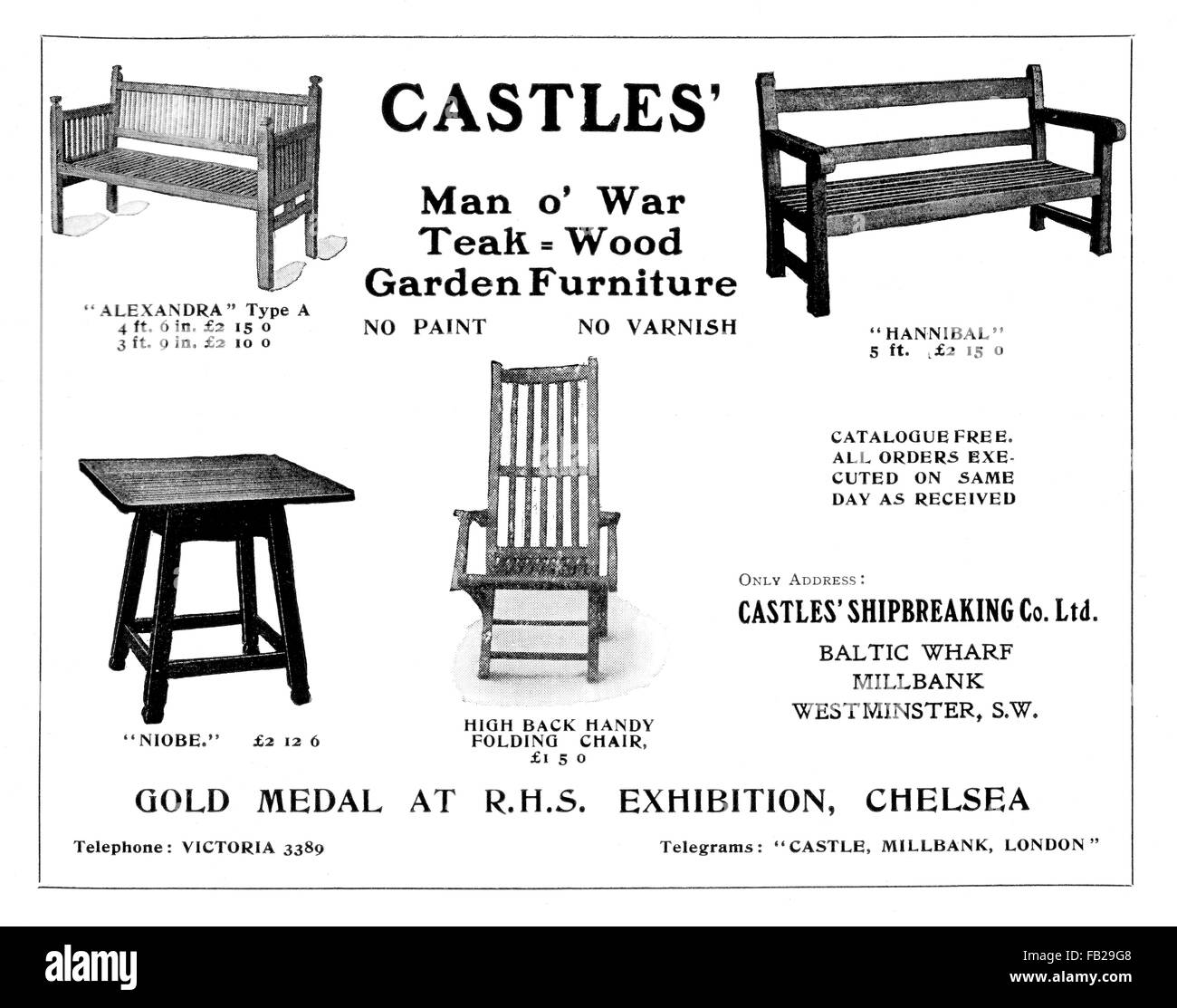 Castles Man O’ War teak wood garden furniture, 1912 advertisement from The Studio Magazine Stock Photo