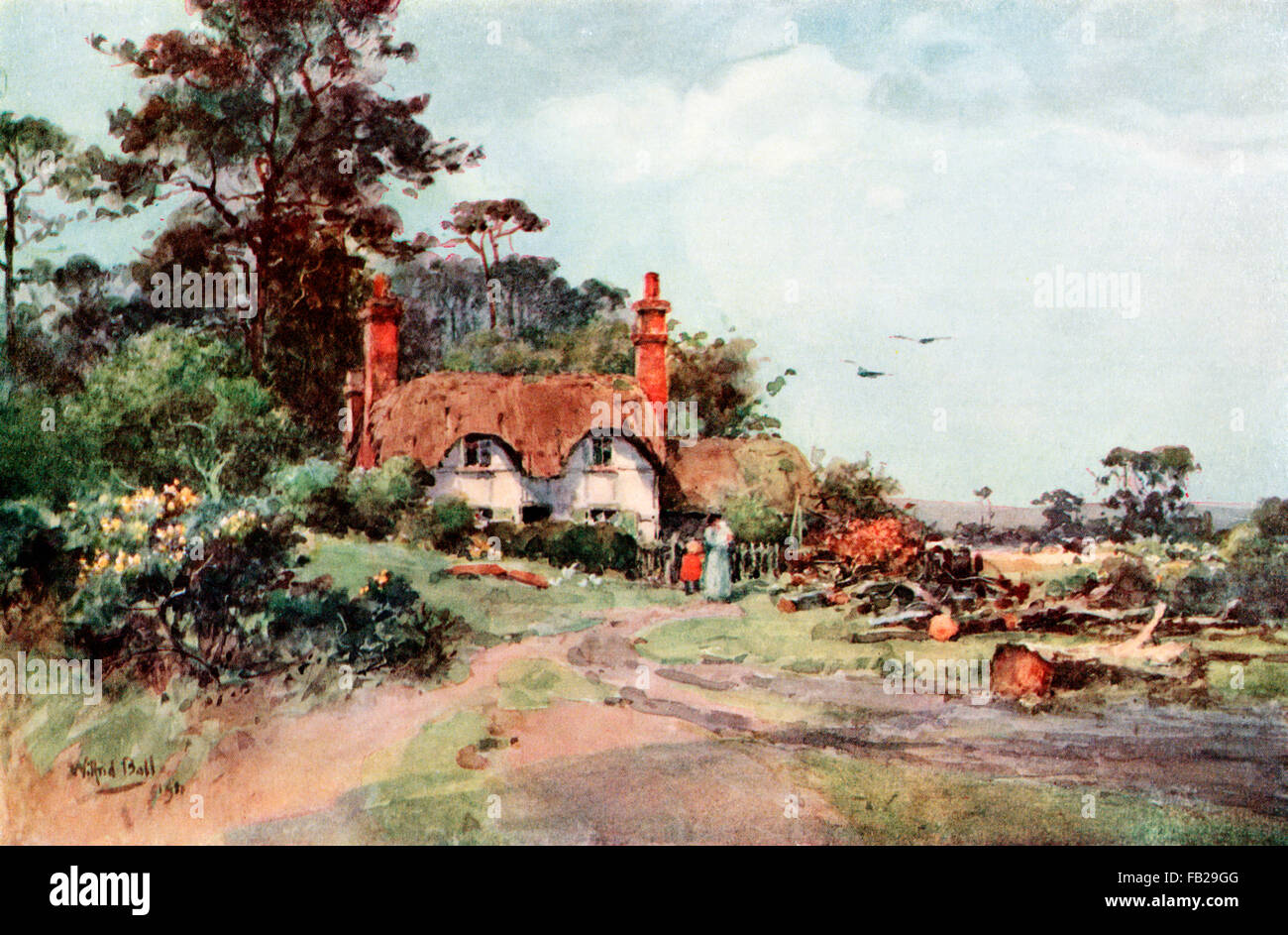 Idyllic Edwardian Country Scene, Wallhampton, Hampshire, 1911 painting by artist Wilfrid Ball Stock Photo
