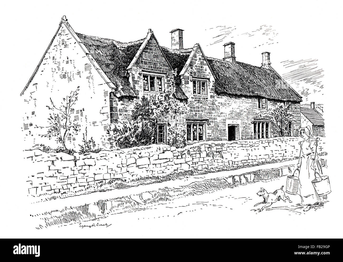 Priestleigh, Somersetshire, 1911, line, illustration, by, Sydney, R, Jones, Studio Magazine's 1912 Les Habitations villageoises Stock Photo