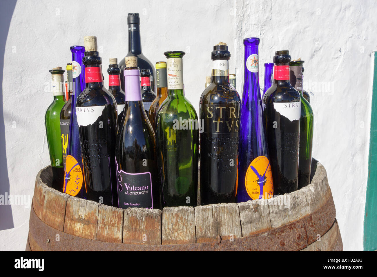 Spain, Lanzarote, Teguise. Outside display of locally produced bottles of wine for sale. Stock Photo