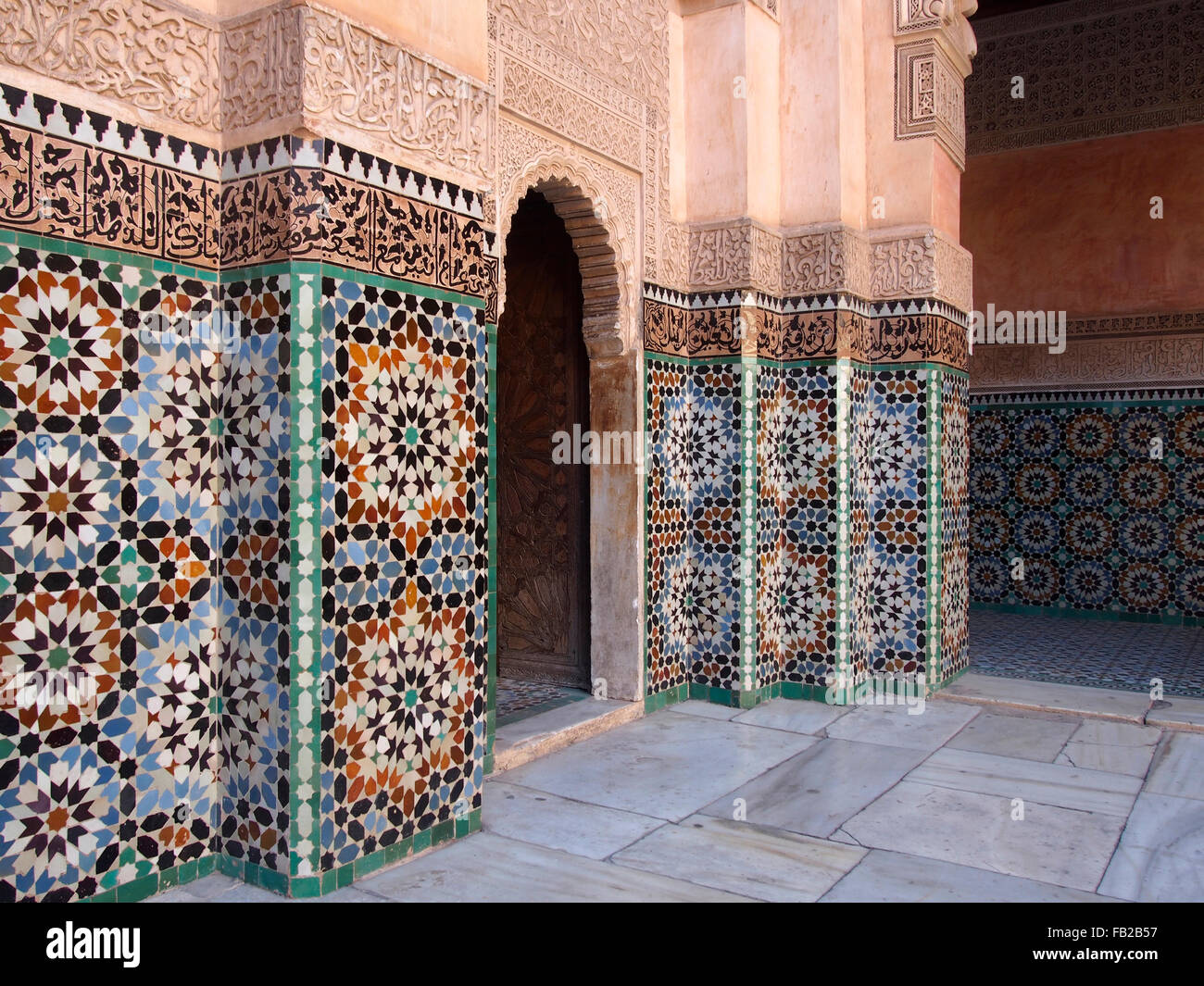 Tiled walls in Medersa Ben Youssef, Marrakech, Morocco Stock Photo