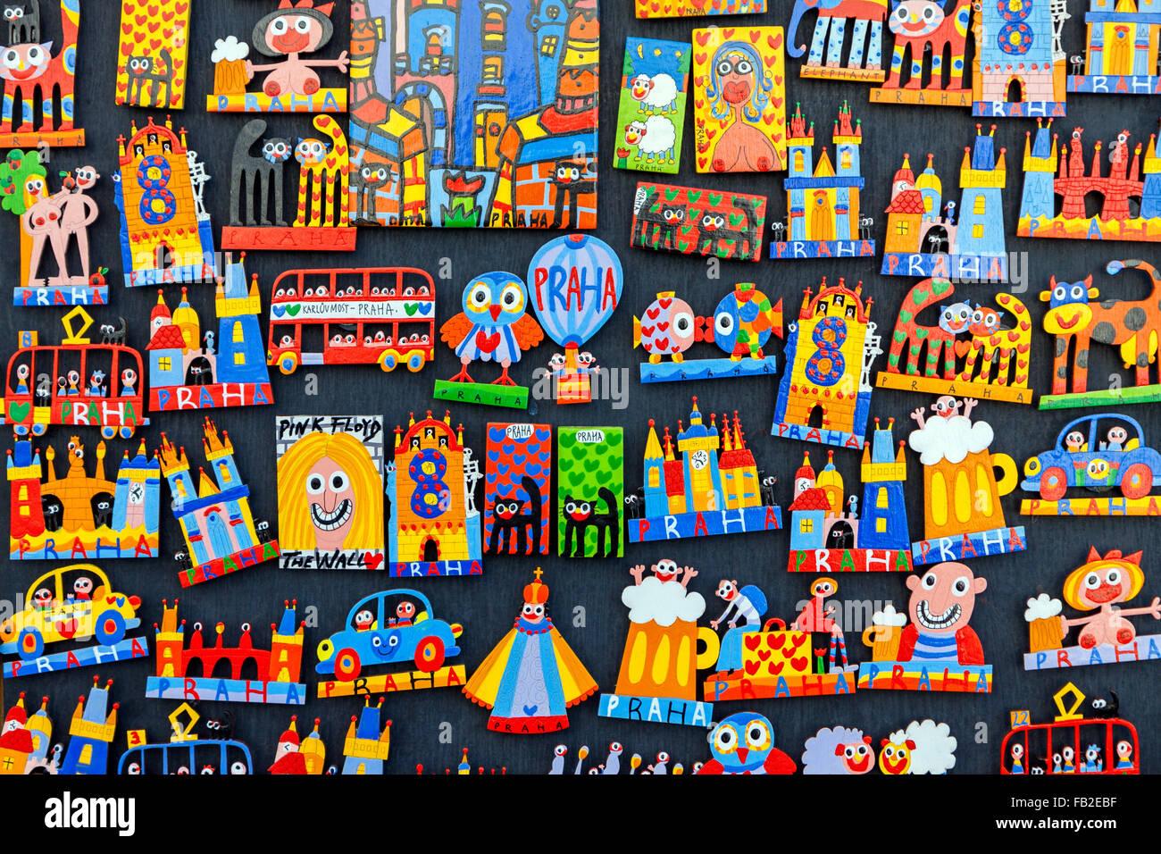 Traditional wooden colorful souvenir magnets on display in Prague, Czech Republic Stock Photo