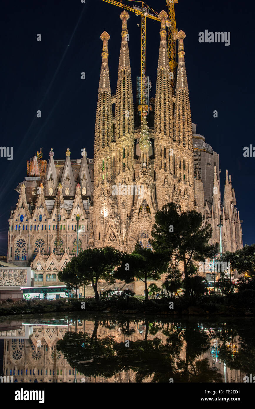 Night view of Sagrada Familia church, Barcelona, Catalonia, Spain Stock Photo
