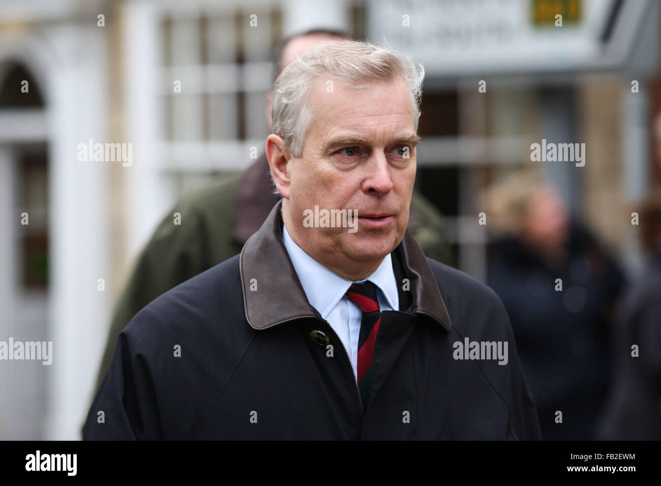 Prince Andrew, The Duke of York, talks to the media in front of Tadcaster Bridge during a visit to the town of Tadcaster in North Yorkshire to see the damage caused by flooding in the last month. The town was heavily affected after the River Wharfe burst it's banks causing the bridge to partially collapse. Credit:  Ian Hinchliffe/Alamy Live News Stock Photo