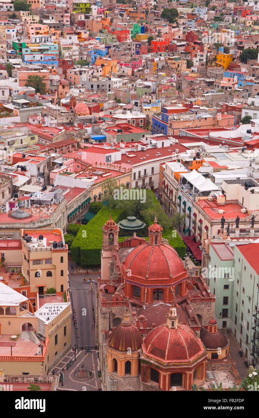 Templo de San Diego viewed from above, set amongst the colourful buildings in the city of Guanajuato, Mexico, South America Stock Photo