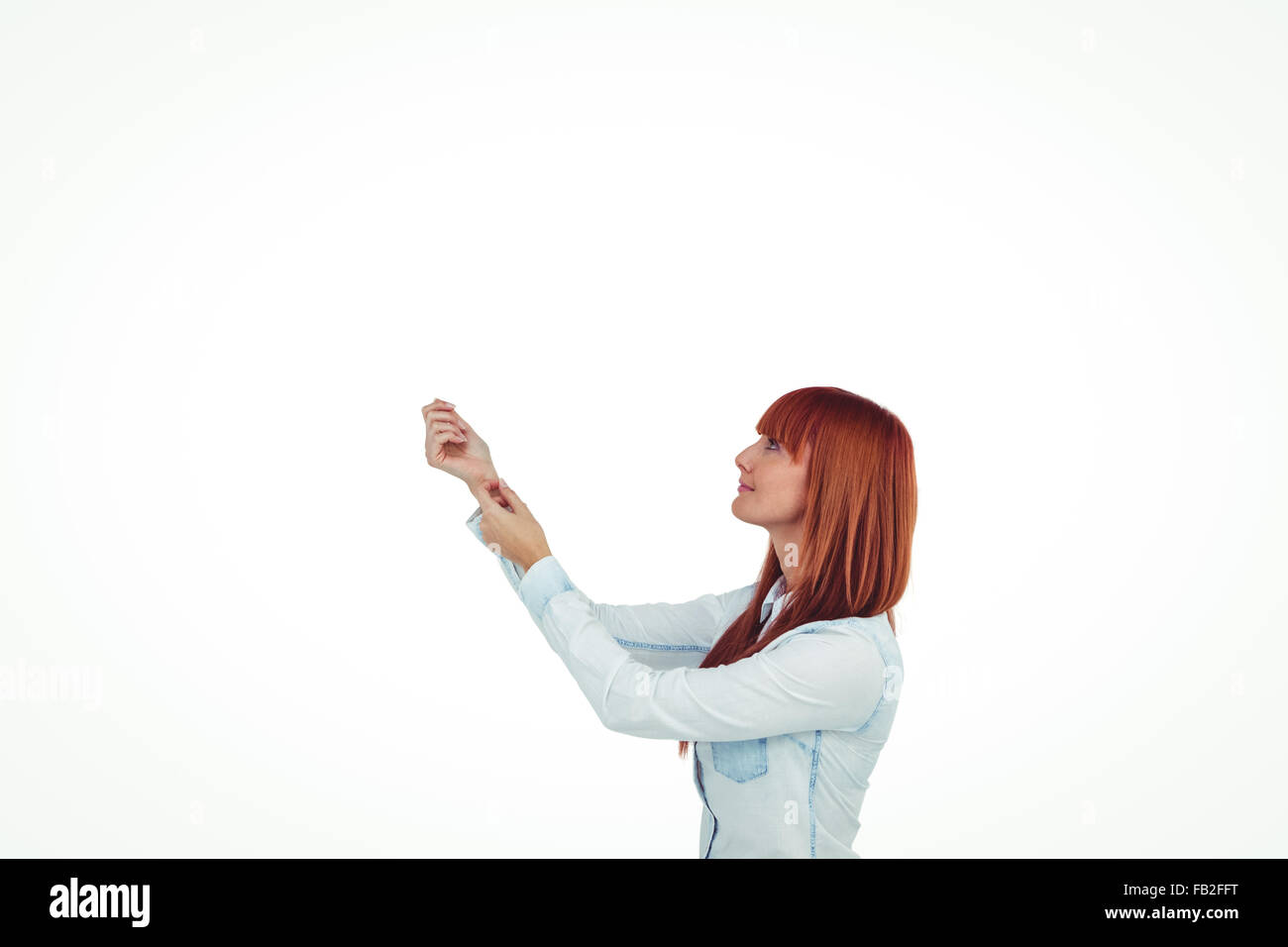 Smiling woman pointing copy hi-res stock photography and images - Alamy