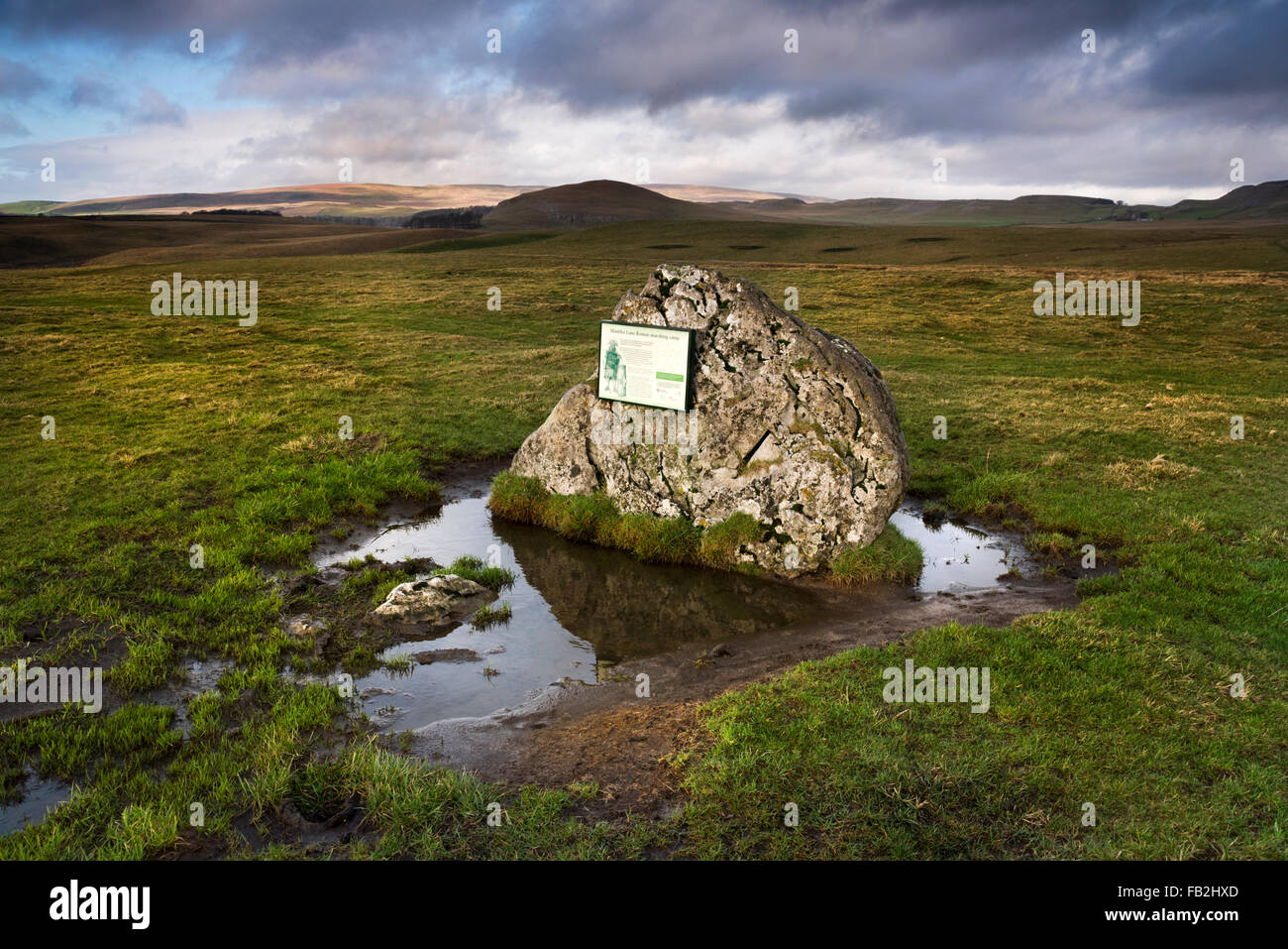 Stone marking the site of a 1st Century Roman camp at Mastiles Lane, on the moors above  Malham, North Yorkshire, UK Stock Photo