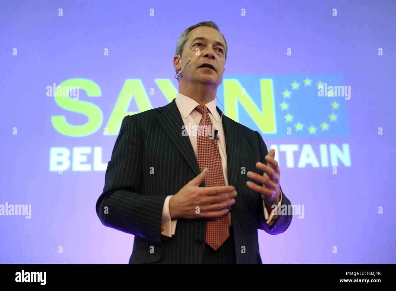 UKIP leader Nigel Farage speaks at a 'Say No to the EU' event at Elland Road in Leeds, West Yorkshire, UK. 30th November 2015. Stock Photo