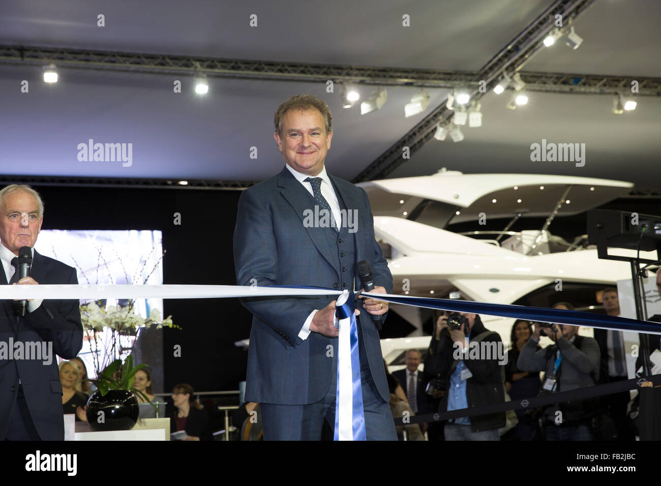 London, UK. 08th Jan, 2016. Hugh Bonneville, British actor, opens the Sunseeker stand at he 62nd annual London Boat Show at ExCel. Credit:  Keith Larby/Alamy Live News Stock Photo