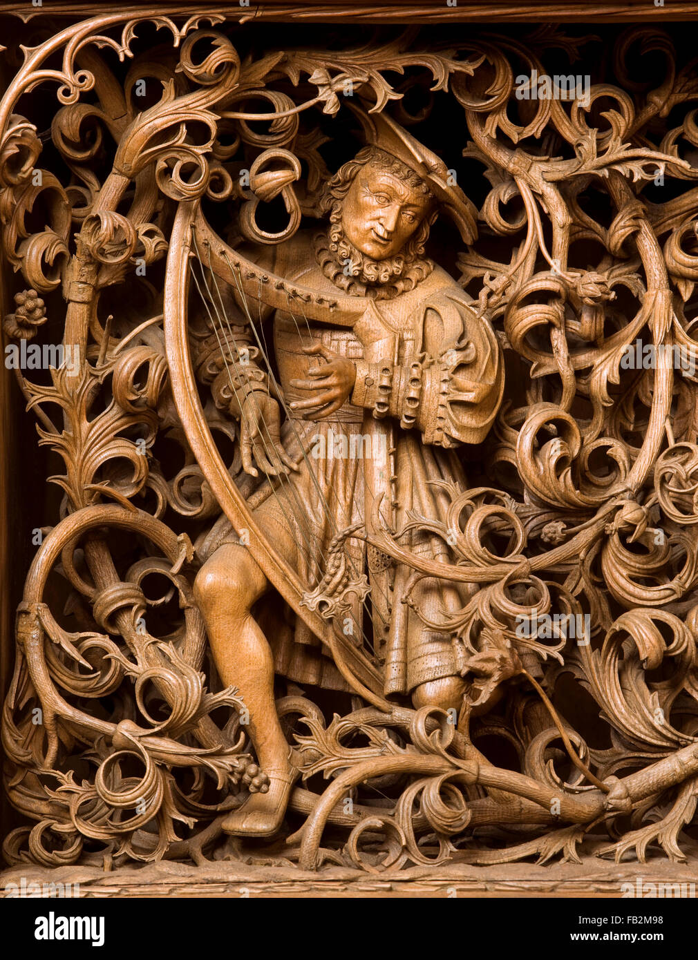 Kalkar, St. Nicolaikirche, Sieben-Schmerzen-Altar, Henrik Douvermann (1518-1521/22), Predella, Wurzel Jesse, König David mit Harfe Stock Photo