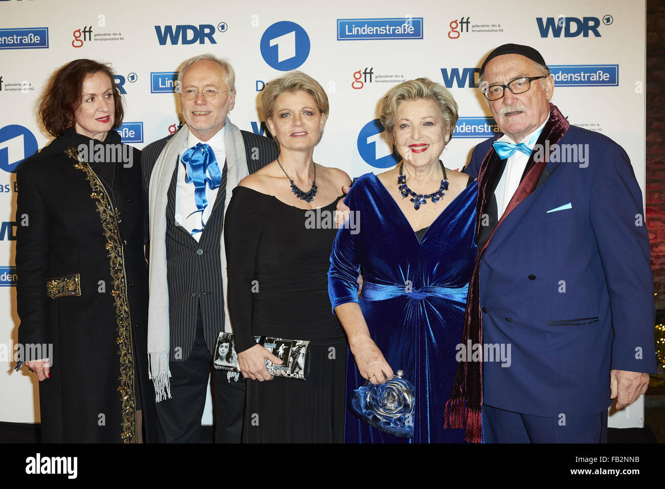 Photocall for the 30th anniversary of German ARD TV series 'Lindenstrasse'.  Featuring: Irene Fischer, Joachim H. Luger, Andrea Spatzek, Marie-Luise Marjan, Hans W. Geißendörfer Where: Cologne, Germany When: 08 Dec 2015 Stock Photo