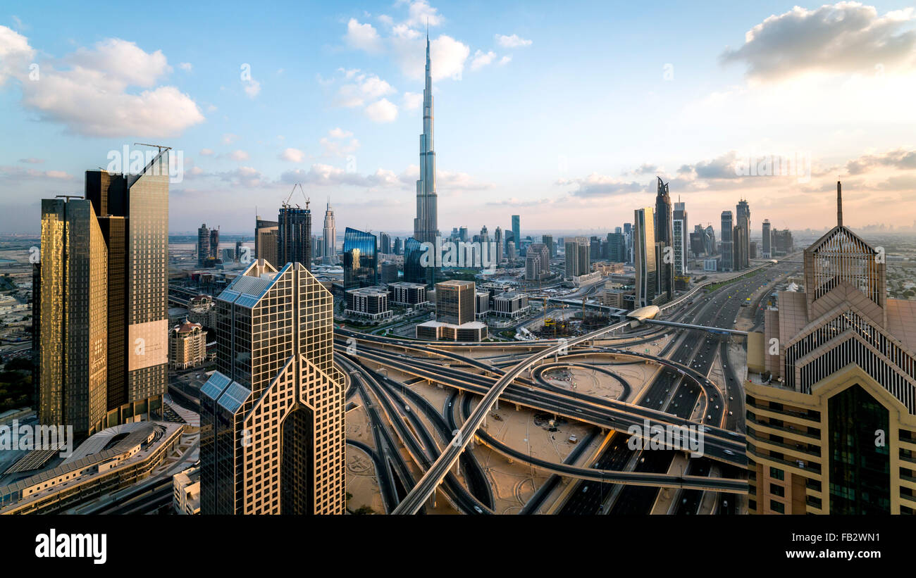 The Burj Khalifa Dubai, elevated view across Sheikh Zayed Road and Financial Centre Road Interchange, Downtown Dubai, Dubai, UAE Stock Photo