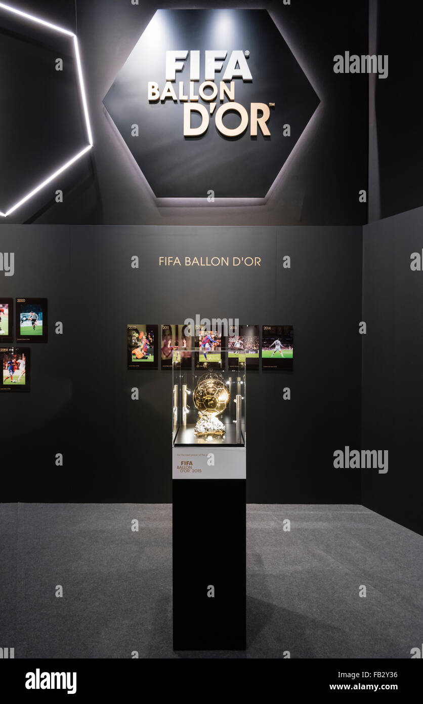 Close-up of the FIFA Ballon d'Or trophy for the world's best football  player (exhibited at the future FIFA museum at Zurich Stock Photo - Alamy