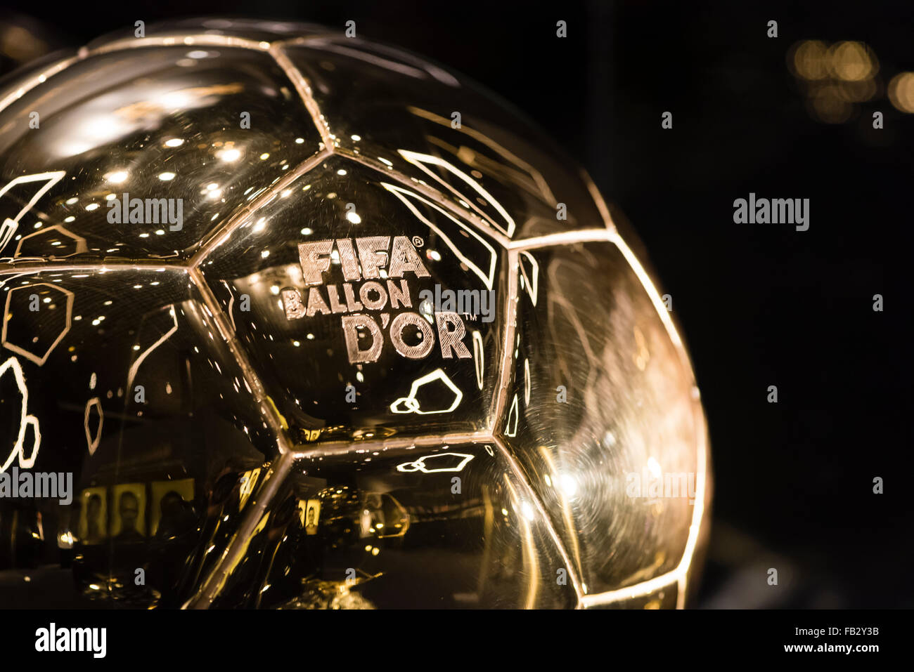 Close-up of the FIFA Ballon d'Or trophy for the world's best football player (exhibited at the future FIFA museum at Zurich). Stock Photo