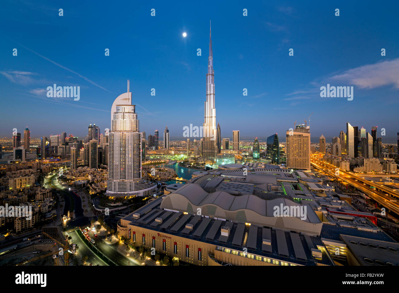 United Arab Emirates, Dubai, the Burj Khalifa, elevated view looking over the Dubai Mall Stock Photo