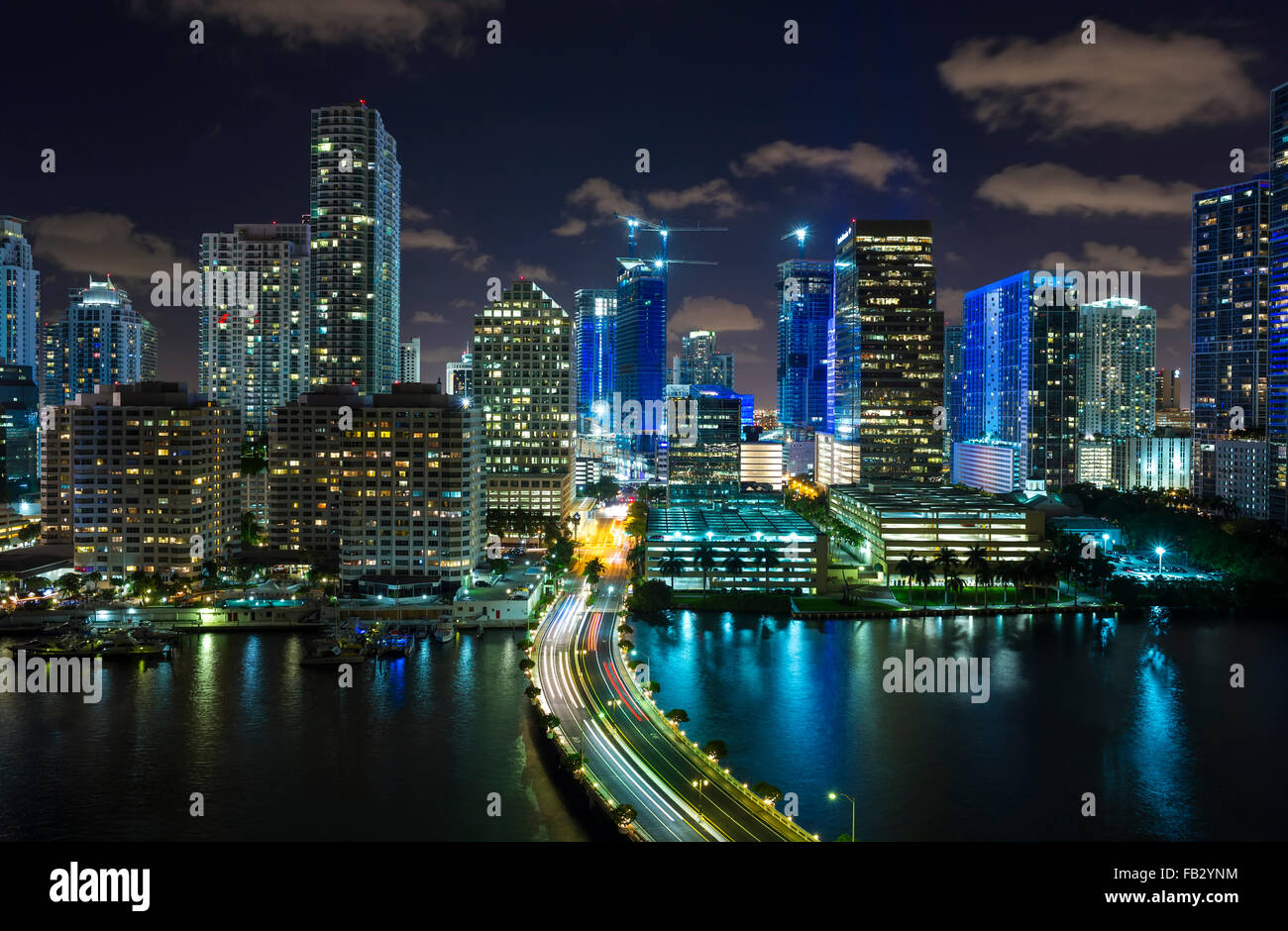 View from Brickell Key, a small island covered in apartment towers, towards the Miami skyline