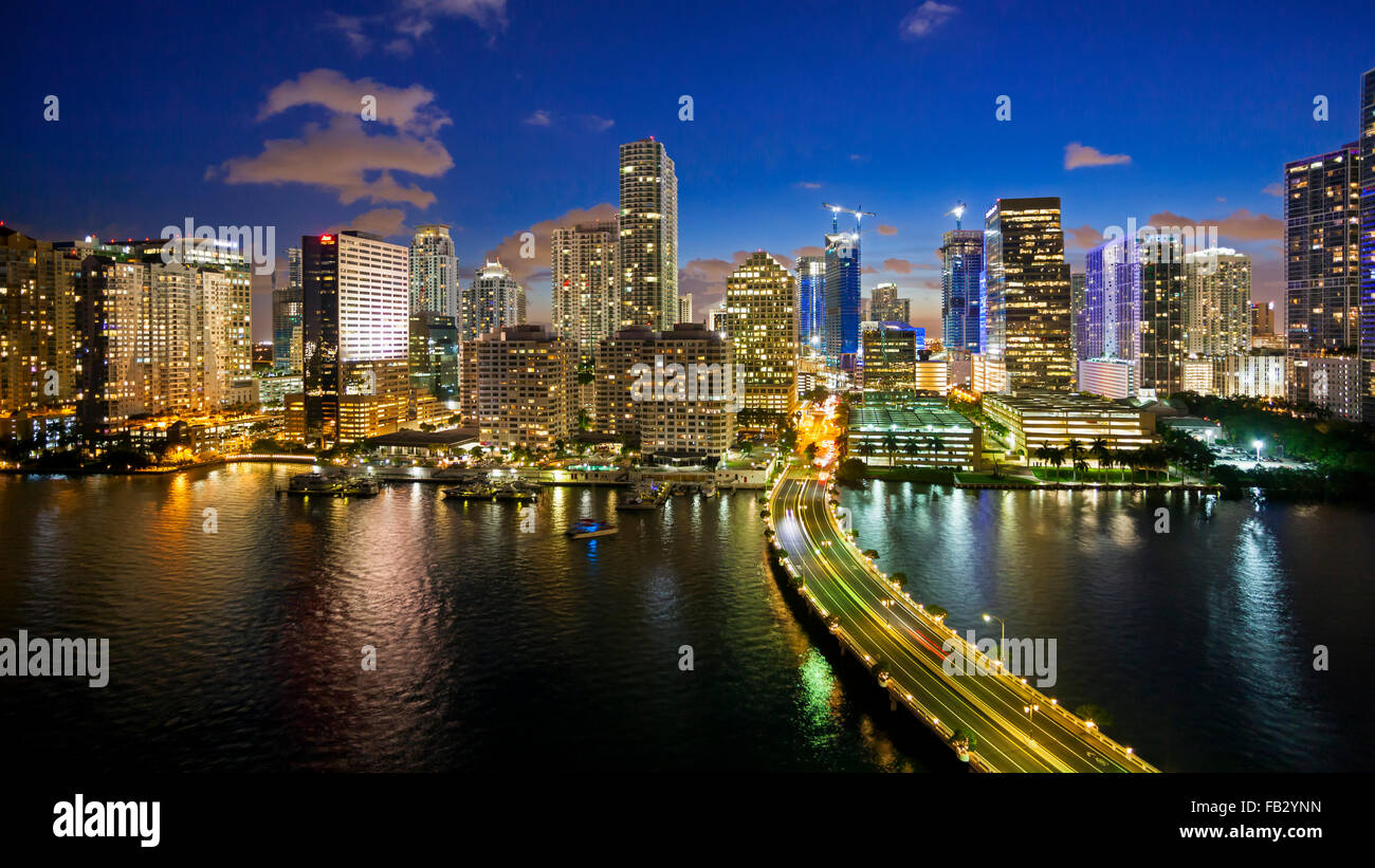 View from Brickell Key, a small island covered in apartment towers, towards the Miami skyline