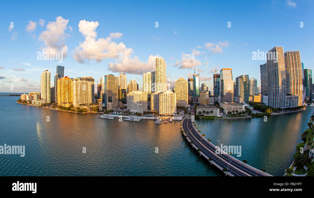 View from Brickell Key, a small island covered in apartment towers, towards the Miami skyline