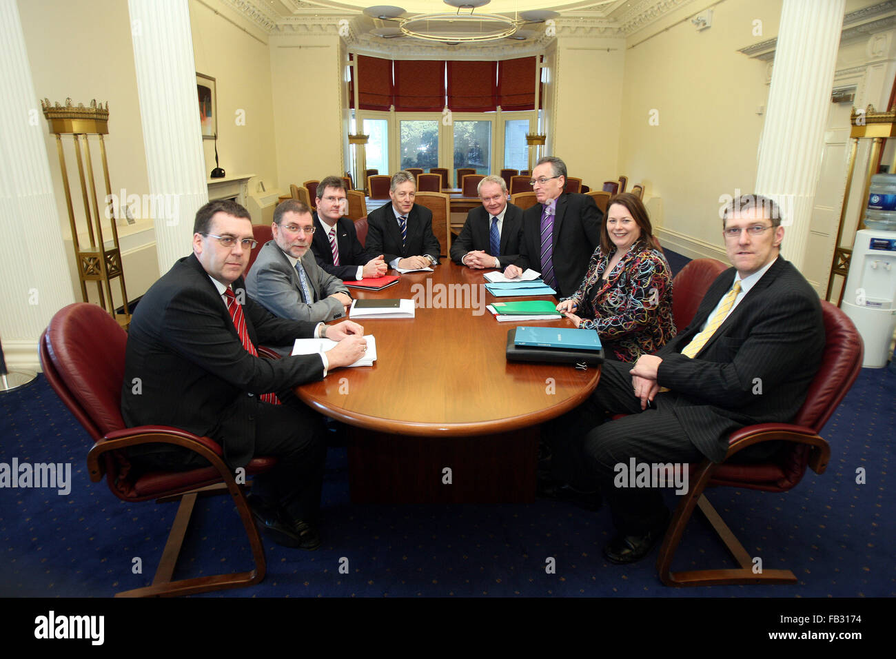 Six assembly members - three from the DUP and three from Sinn Fein meet for the first time to examine the issue of parading. (from left to right)  Stephen Moutray, Nelson McCausland, Jeffrey Donaldson from the DUP, (Chaired by) The Northern Ireland's First Minister Peter Robinson and Deputy First Minister Martin McGuinness, meet Gerry Kelly, Michelle Gildernew and John O'Dowd from Sinn Fein at Stormont Castle, Stormont, Belfast, Feb 9th, 2010. This new Parading Body has until 23rd February to come up with agreed outcomes capable of achieving cross-community support and try to find a way to dea Stock Photo