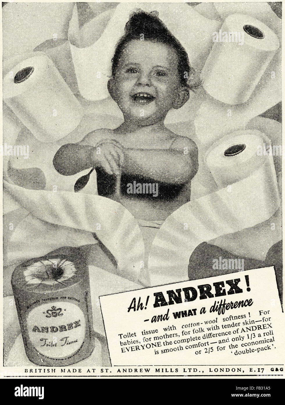 Original vintage advert from 1950s. Advertisements from 1953 advertising Andrex toilet tissue paper. 50s retro Stock Photo