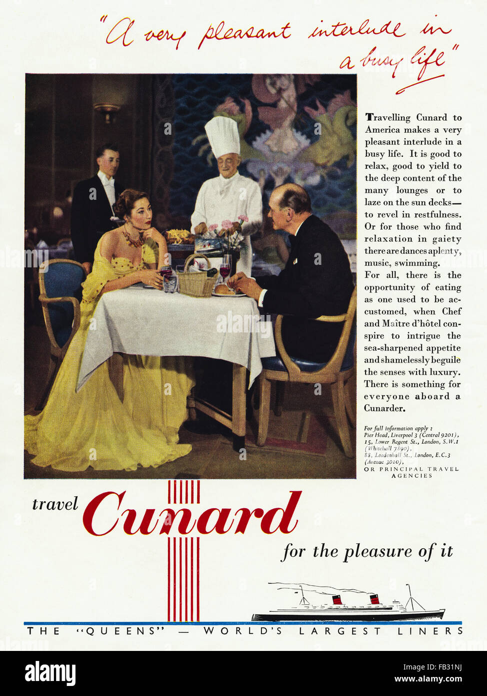 Original full page colour vintage advert from 1950s. Advertisement from 1953 advertising Cunard liners. 50s retro 20th century Stock Photo
